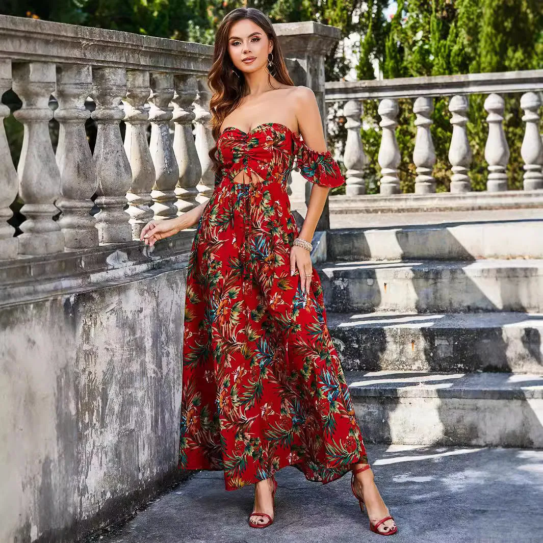 Printed Hollow Out Cutout Tied Dress