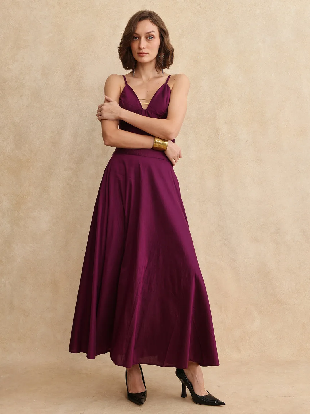 Rareism Women Carfa-B Purple Zipper Closure Flared Maxi Narrow Stripes Skirt