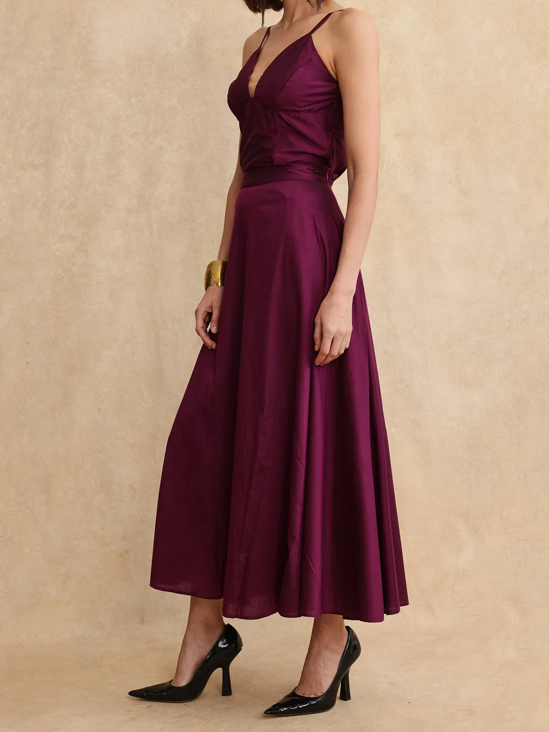 Rareism Women Carfa-B Purple Zipper Closure Flared Maxi Narrow Stripes Skirt