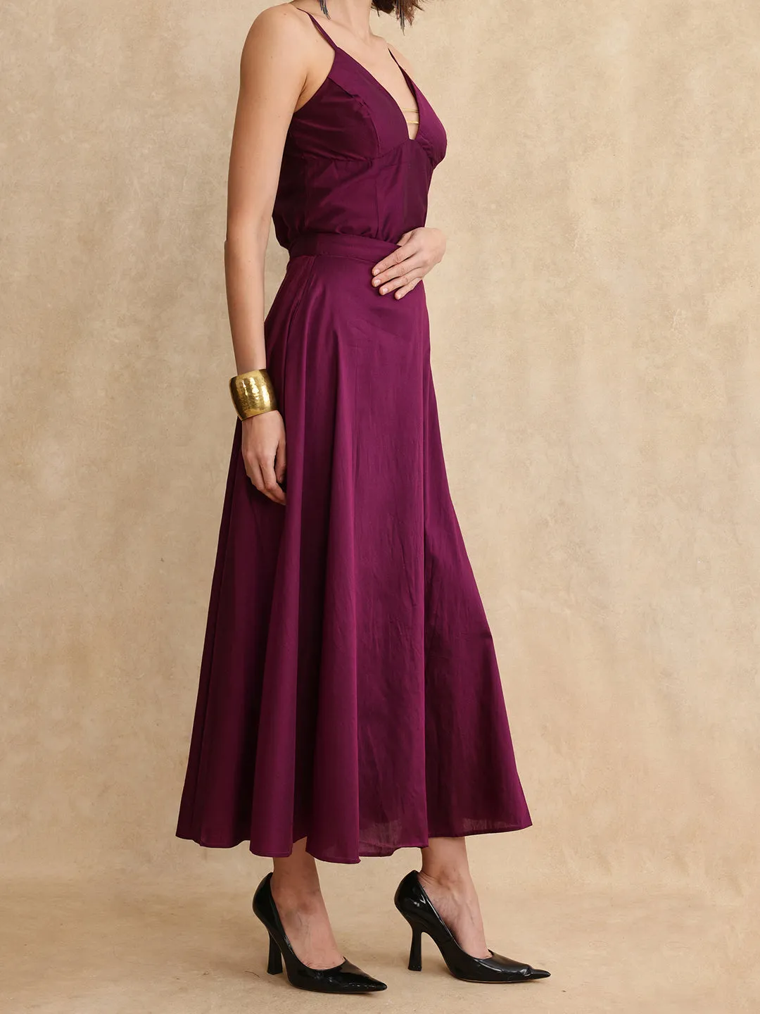 Rareism Women Carfa-B Purple Zipper Closure Flared Maxi Narrow Stripes Skirt