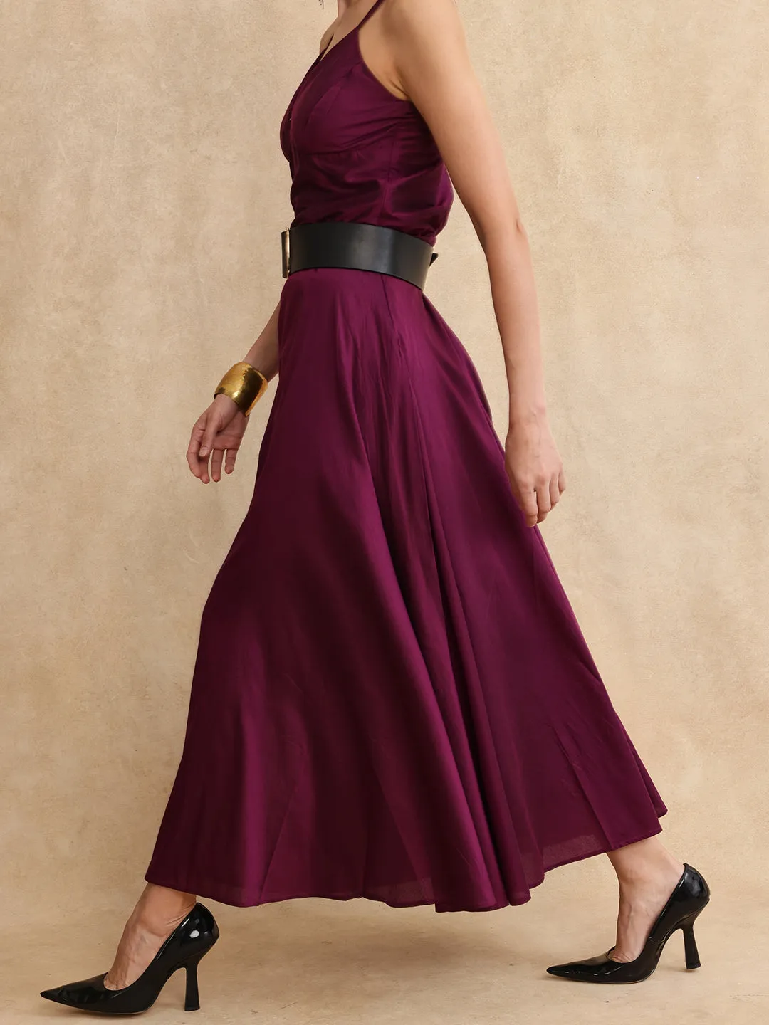 Rareism Women Carfa-B Purple Zipper Closure Flared Maxi Narrow Stripes Skirt