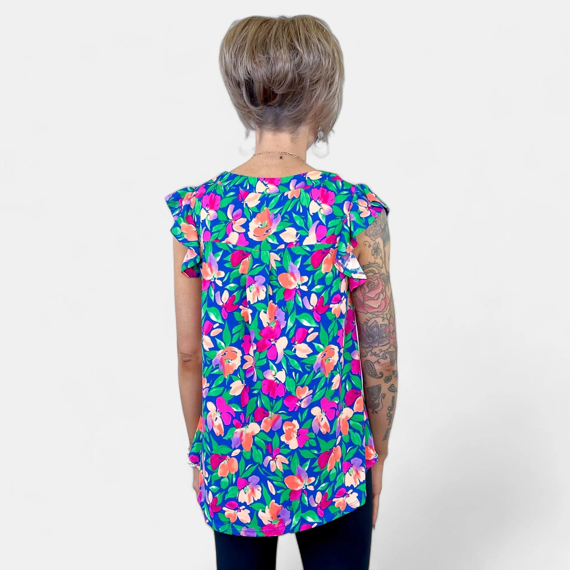 Royal Floral Lizzy Flutter Sleeve Top [NO RETURNS]