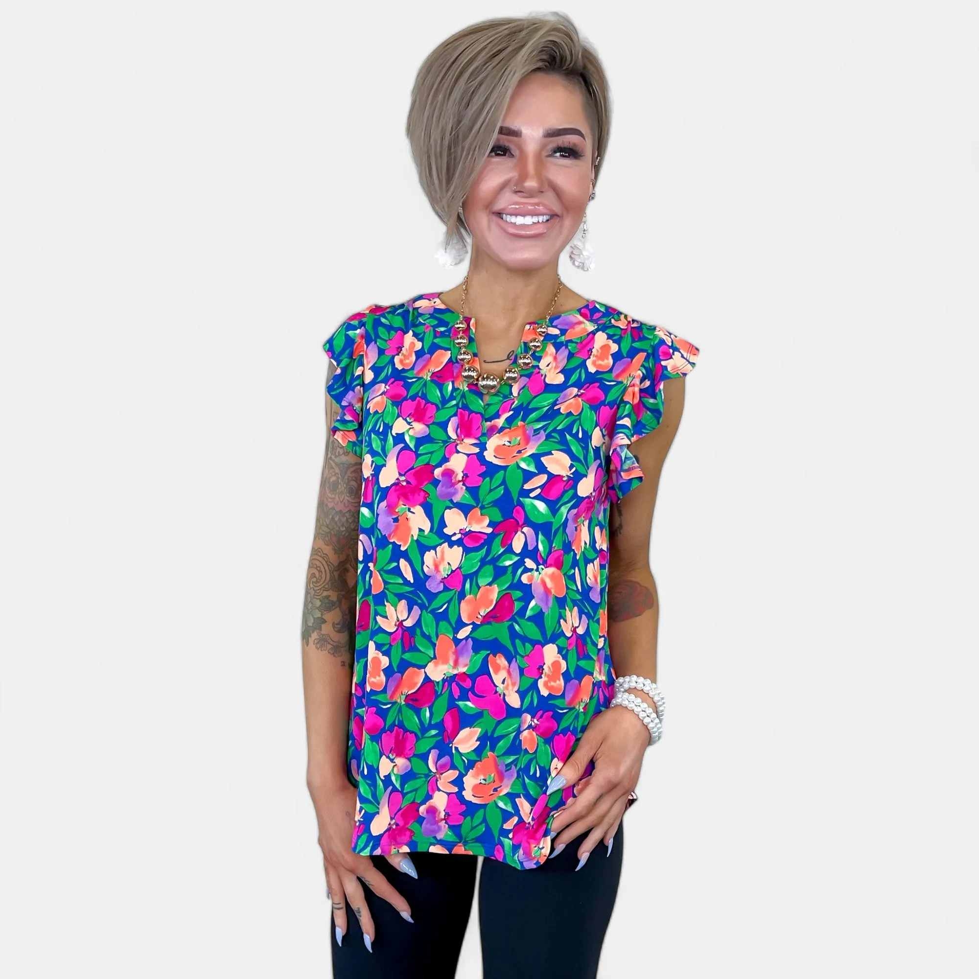Royal Floral Lizzy Flutter Sleeve Top [NO RETURNS]