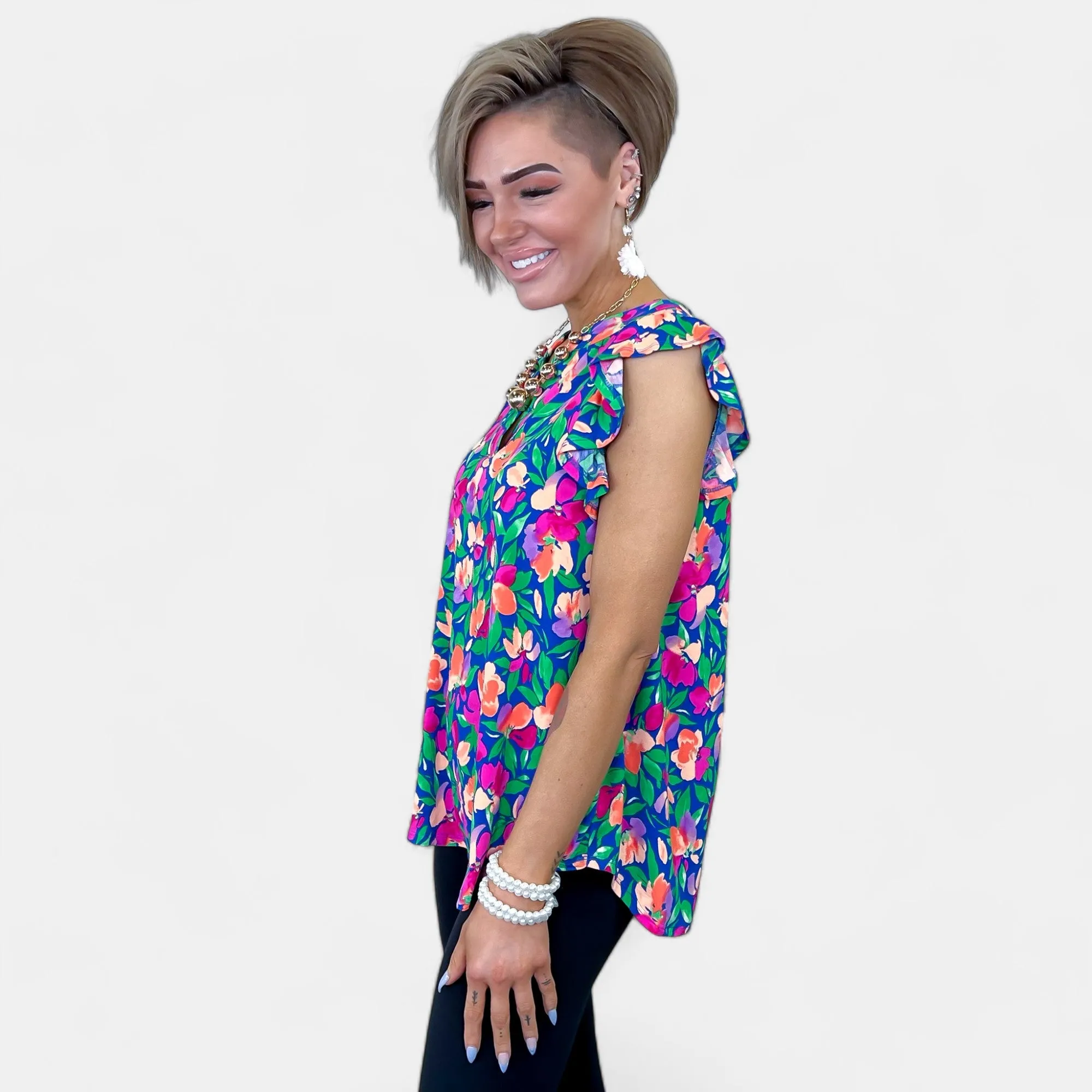 Royal Floral Lizzy Flutter Sleeve Top [NO RETURNS]