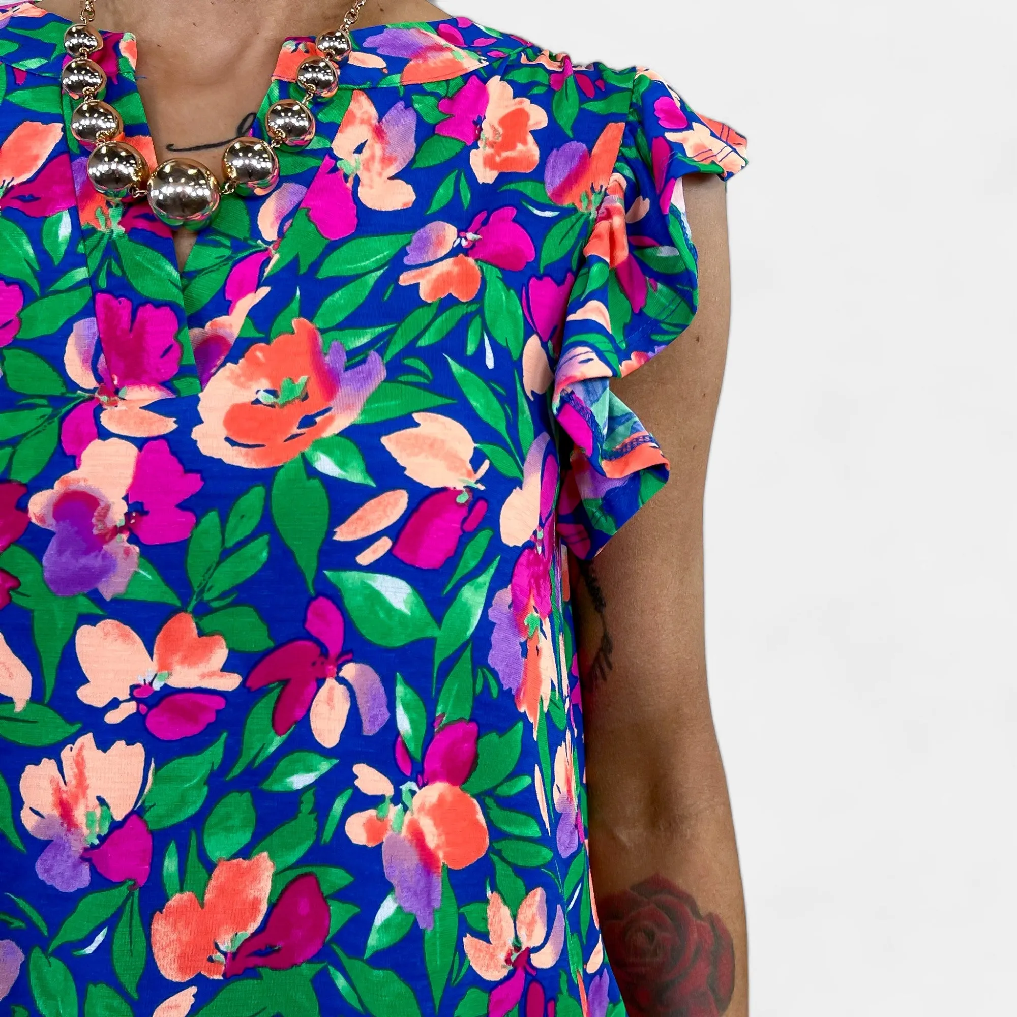 Royal Floral Lizzy Flutter Sleeve Top [NO RETURNS]