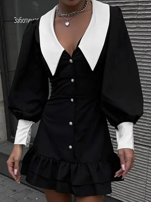 TEEK - Black Flip Collar Wrap Hip Dress