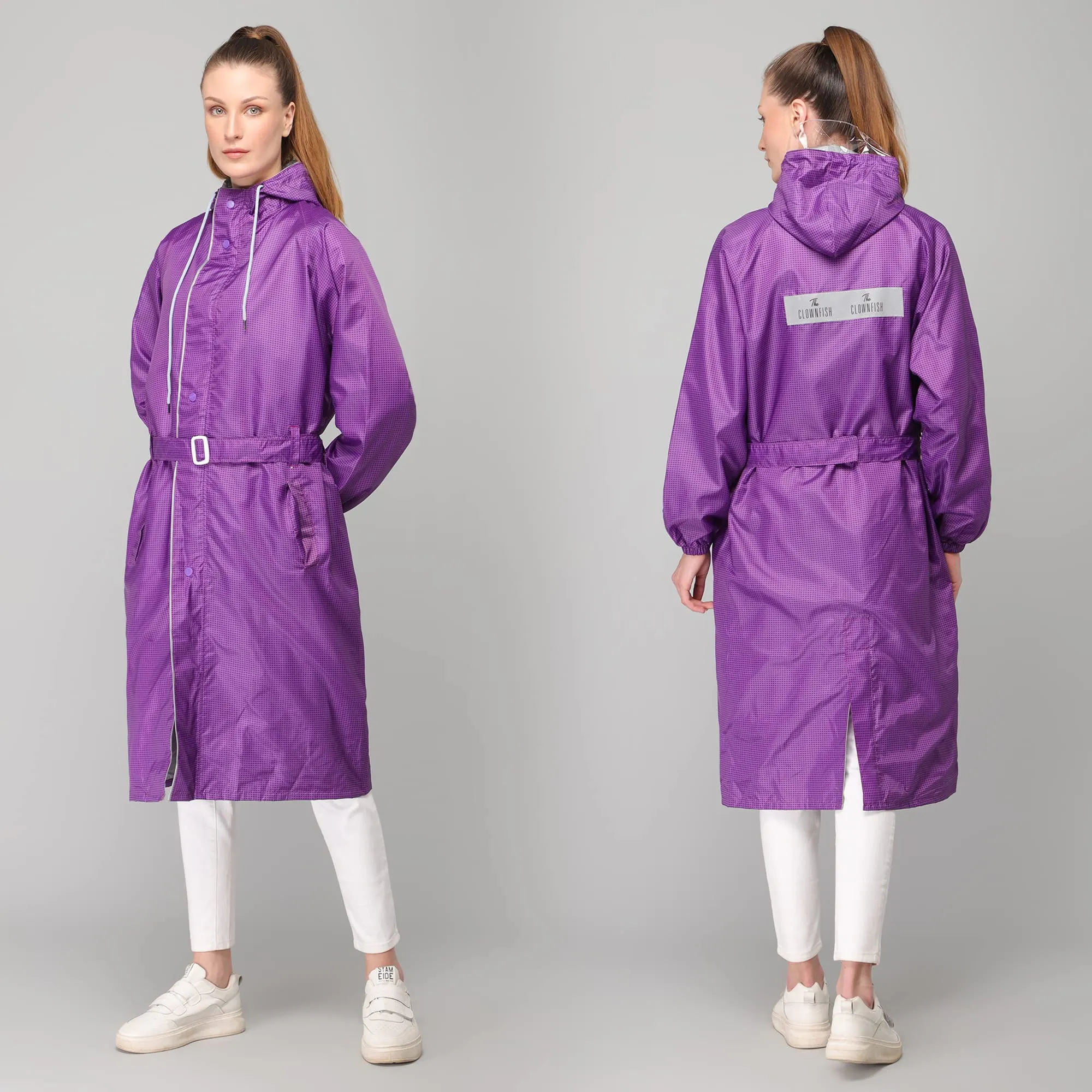 THE CLOWNFISH Dynamic Series Women's Waterproof Polyester Reversible Raincoat/Longcoat with Hood and Reflector Logo at Back for Night Visibility -With Storage Bag (Black, XXL)