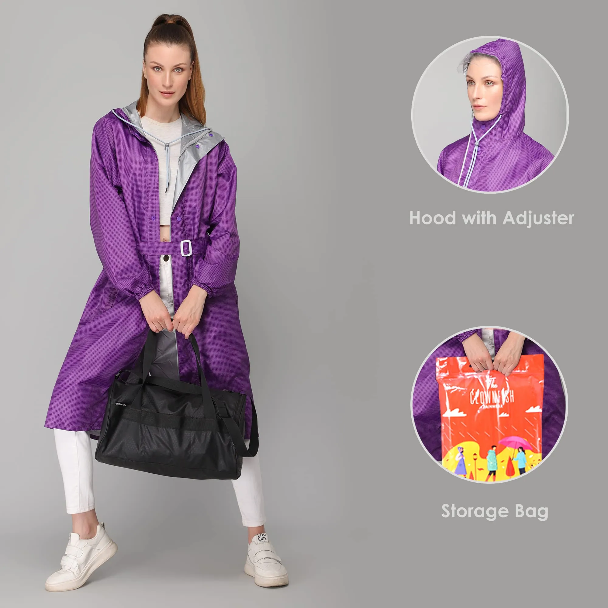 THE CLOWNFISH Dynamic Series Women's Waterproof Polyester Reversible Raincoat/Longcoat with Hood and Reflector Logo at Back for Night Visibility -With Storage Bag (Black, XXL)