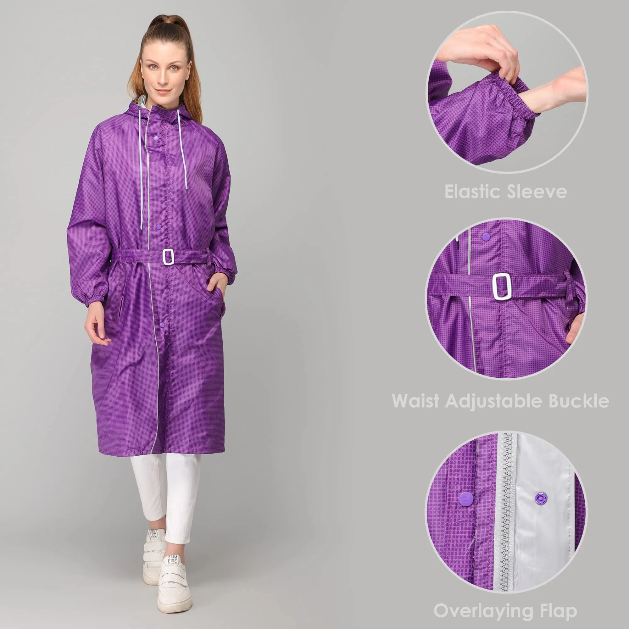 THE CLOWNFISH Dynamic Series Women's Waterproof Polyester Reversible Raincoat/Longcoat with Hood and Reflector Logo at Back for Night Visibility -With Storage Bag (Black, XXL)