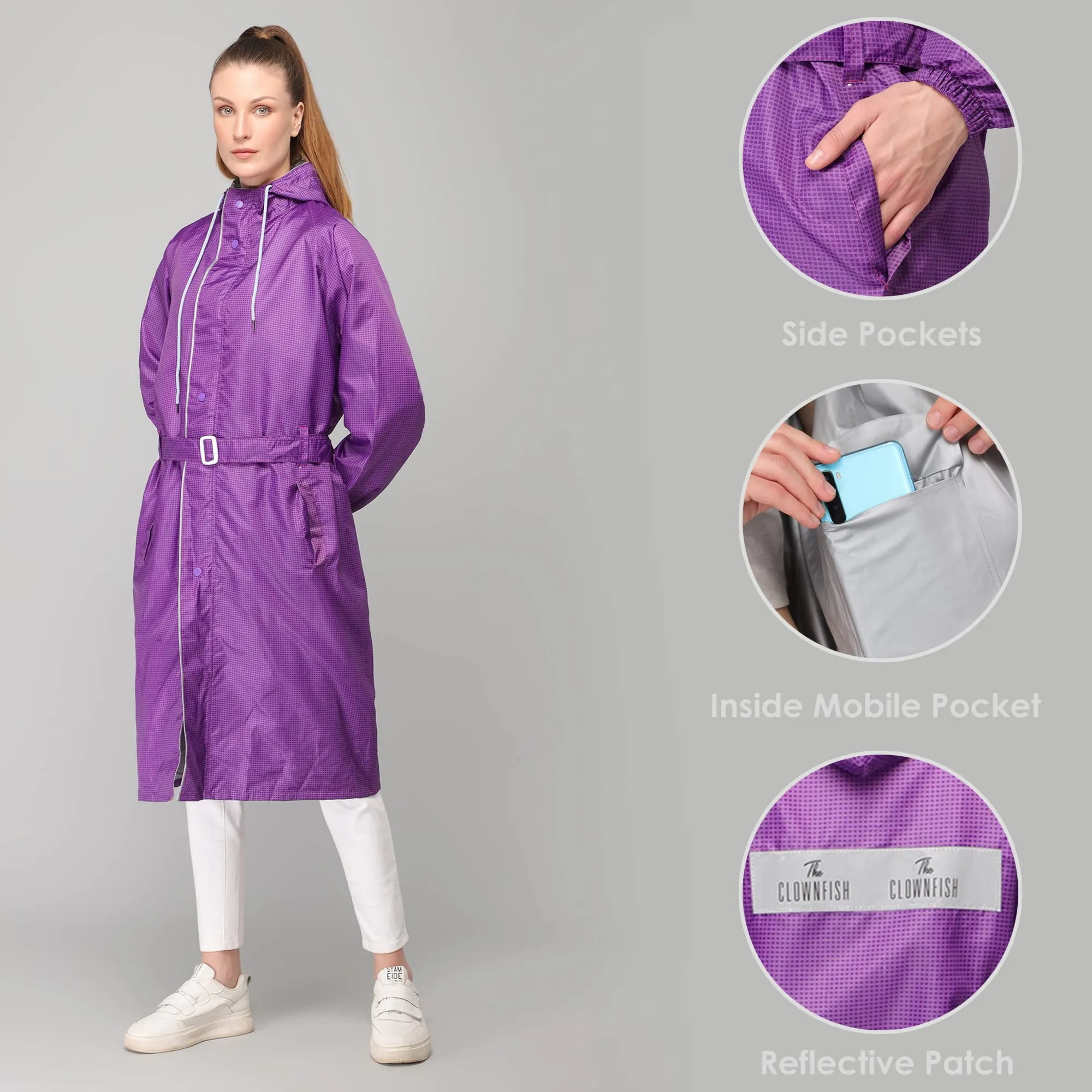 THE CLOWNFISH Dynamic Series Women's Waterproof Polyester Reversible Raincoat/Longcoat with Hood and Reflector Logo at Back for Night Visibility -With Storage Bag (Black, XXL)
