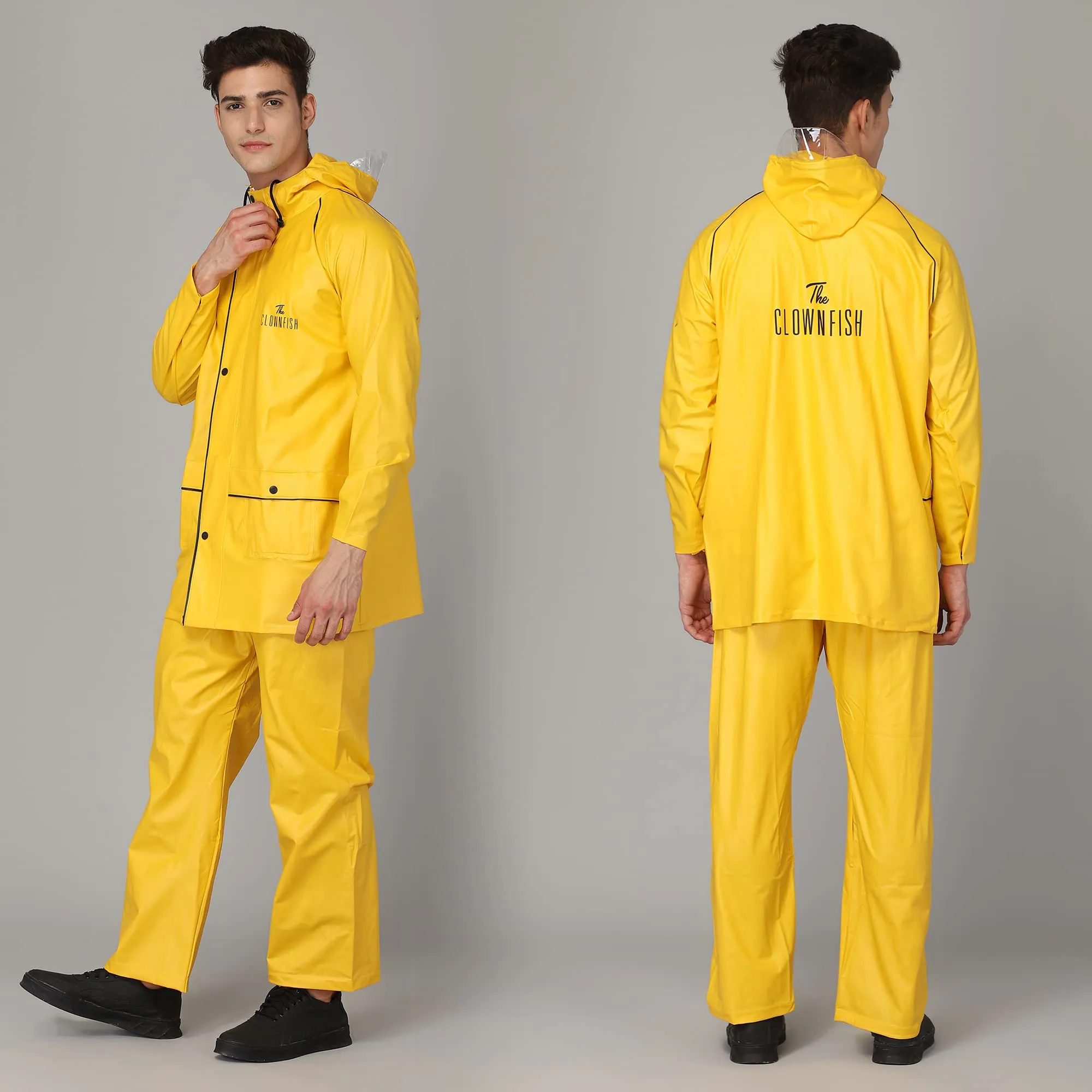 THE CLOWNFISH Oceanic Men's Waterproof PVC Raincoat with Hood and Reflector Logo at Back for Night Travelling. Set of Top and Bottom (Black, XL)