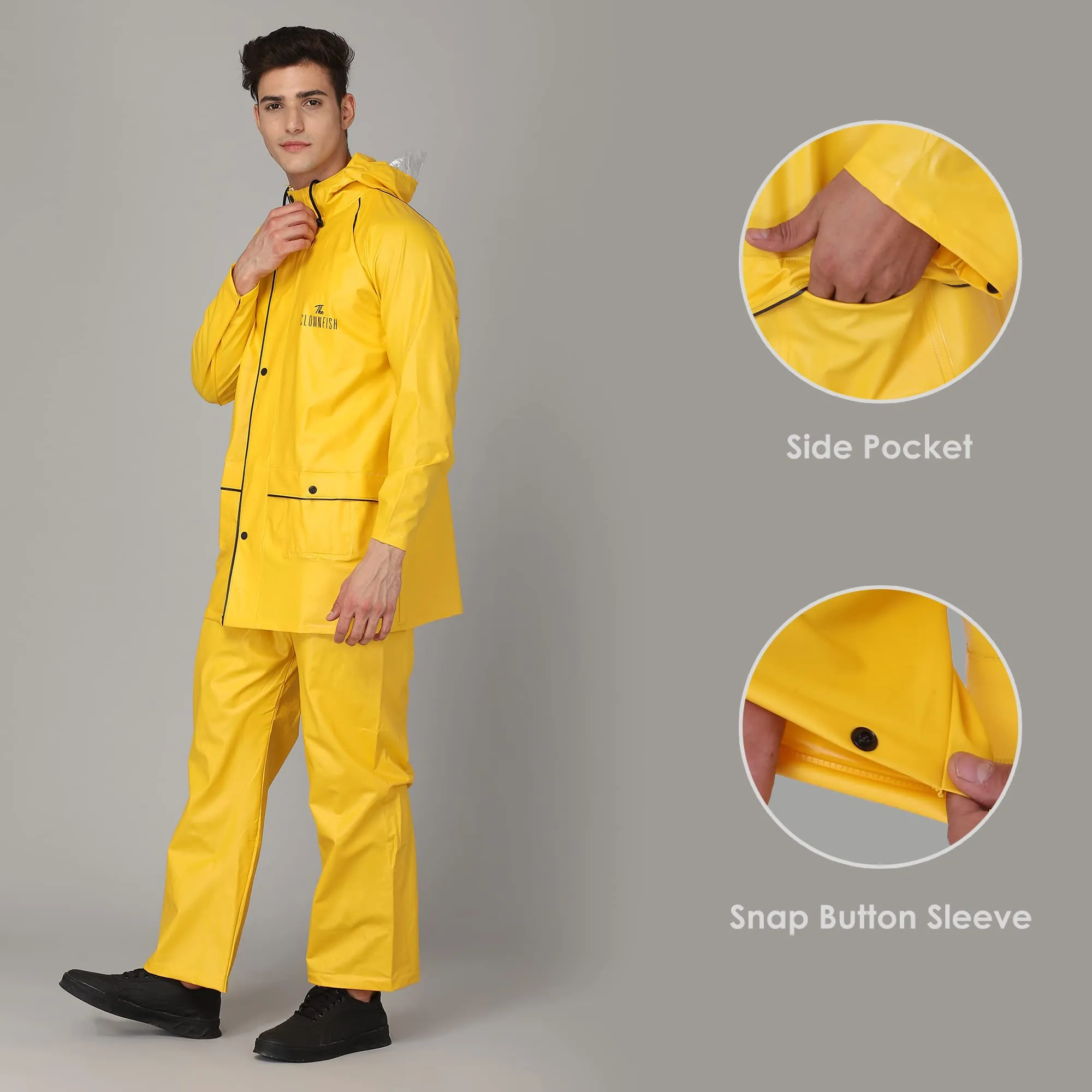 THE CLOWNFISH Oceanic Men's Waterproof PVC Raincoat with Hood and Reflector Logo at Back for Night Travelling. Set of Top and Bottom (Black, XL)
