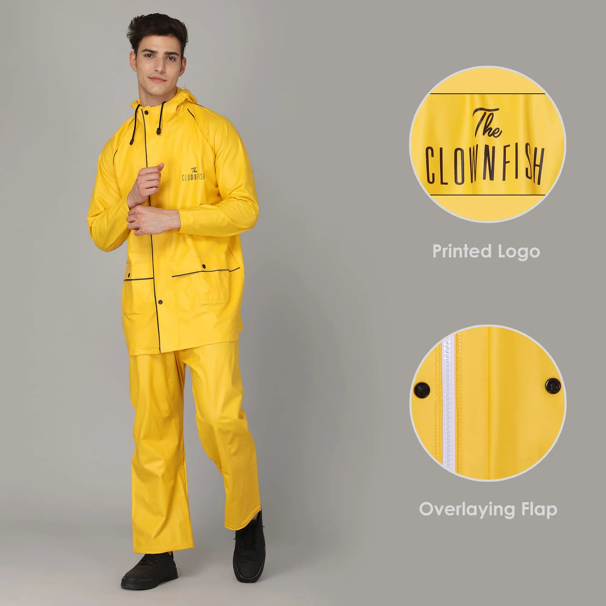 THE CLOWNFISH Oceanic Men's Waterproof PVC Raincoat with Hood and Reflector Logo at Back for Night Travelling. Set of Top and Bottom (Black, XL)