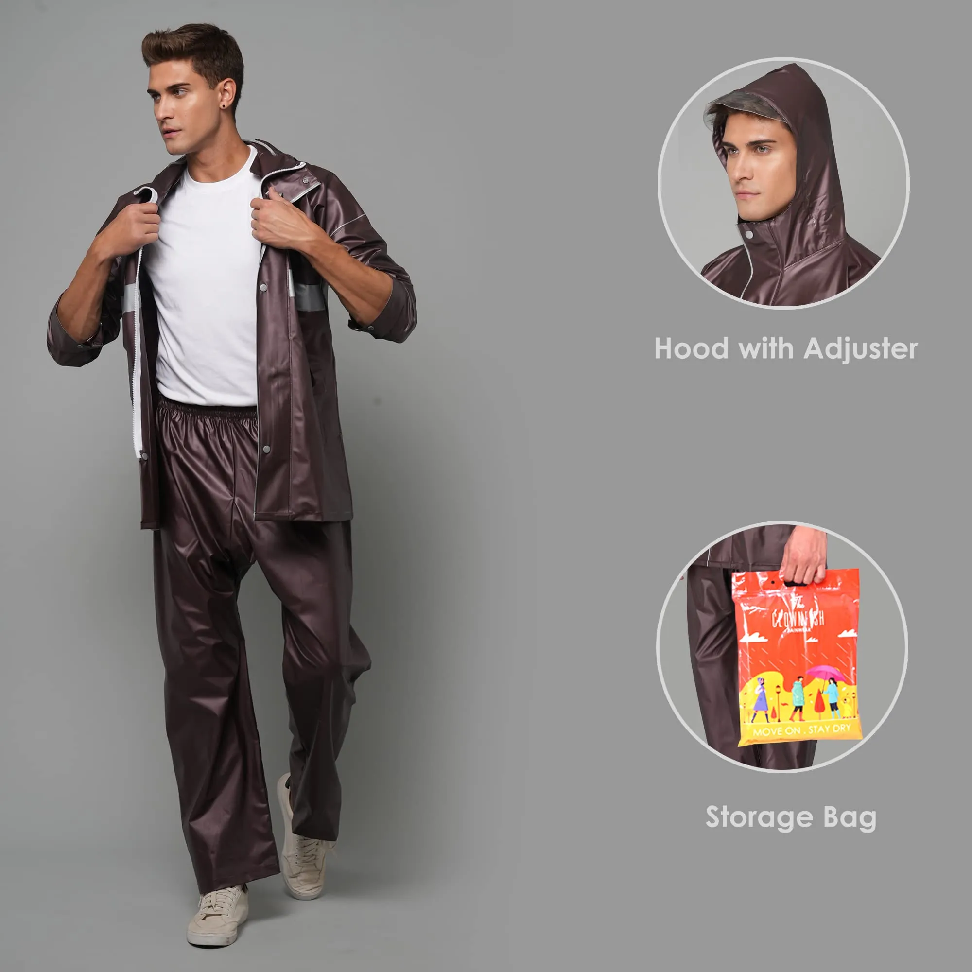 THE CLOWNFISH Rain Coat for Men Waterproof for Bike Raincoat for Men with Hood PVC Material. Set of Top and Bottom. Azure Pro Series (Umber Brown, XXX-Large)