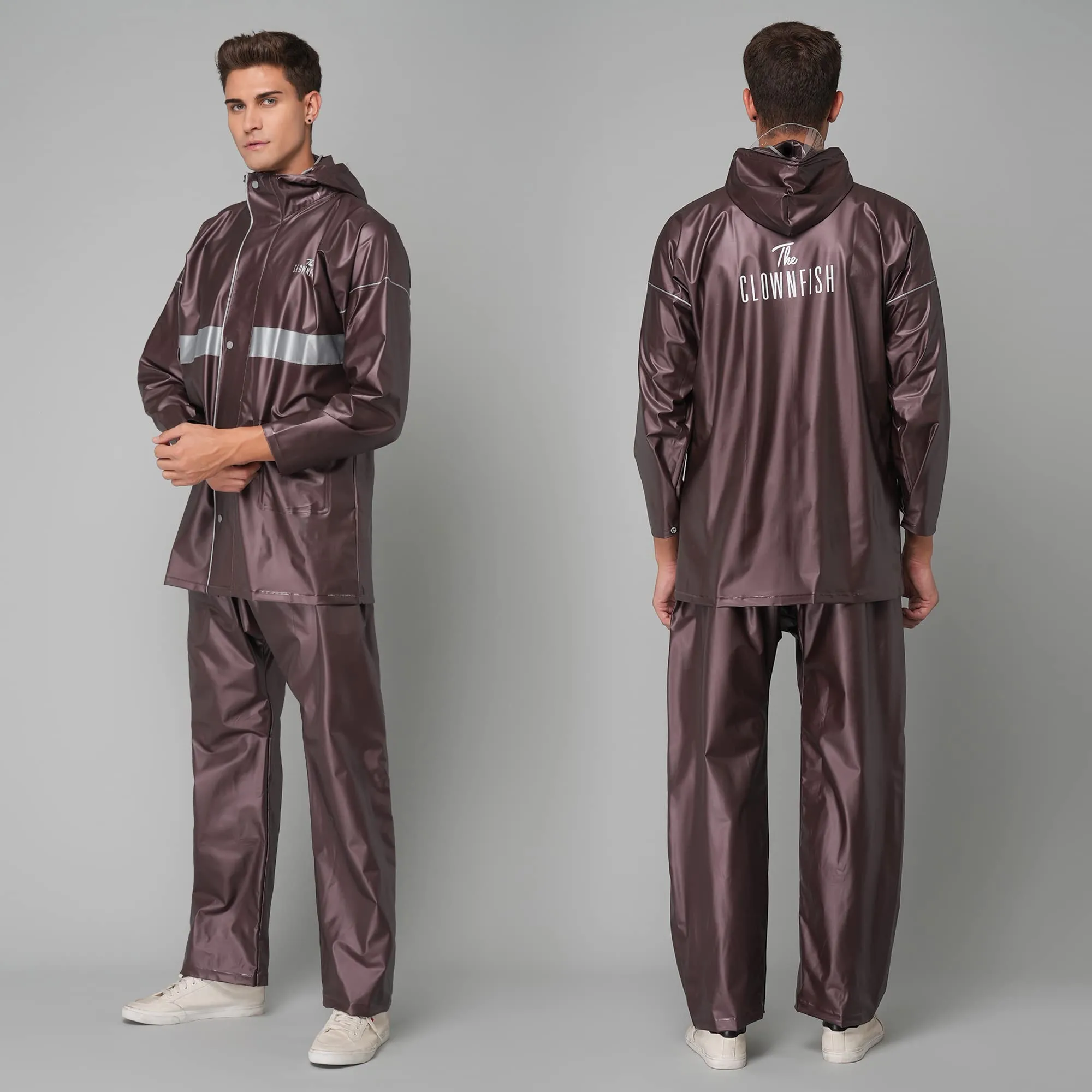 THE CLOWNFISH Rain Coat for Men Waterproof for Bike Raincoat for Men with Hood PVC Material. Set of Top and Bottom. Azure Pro Series (Umber Brown, XXX-Large)
