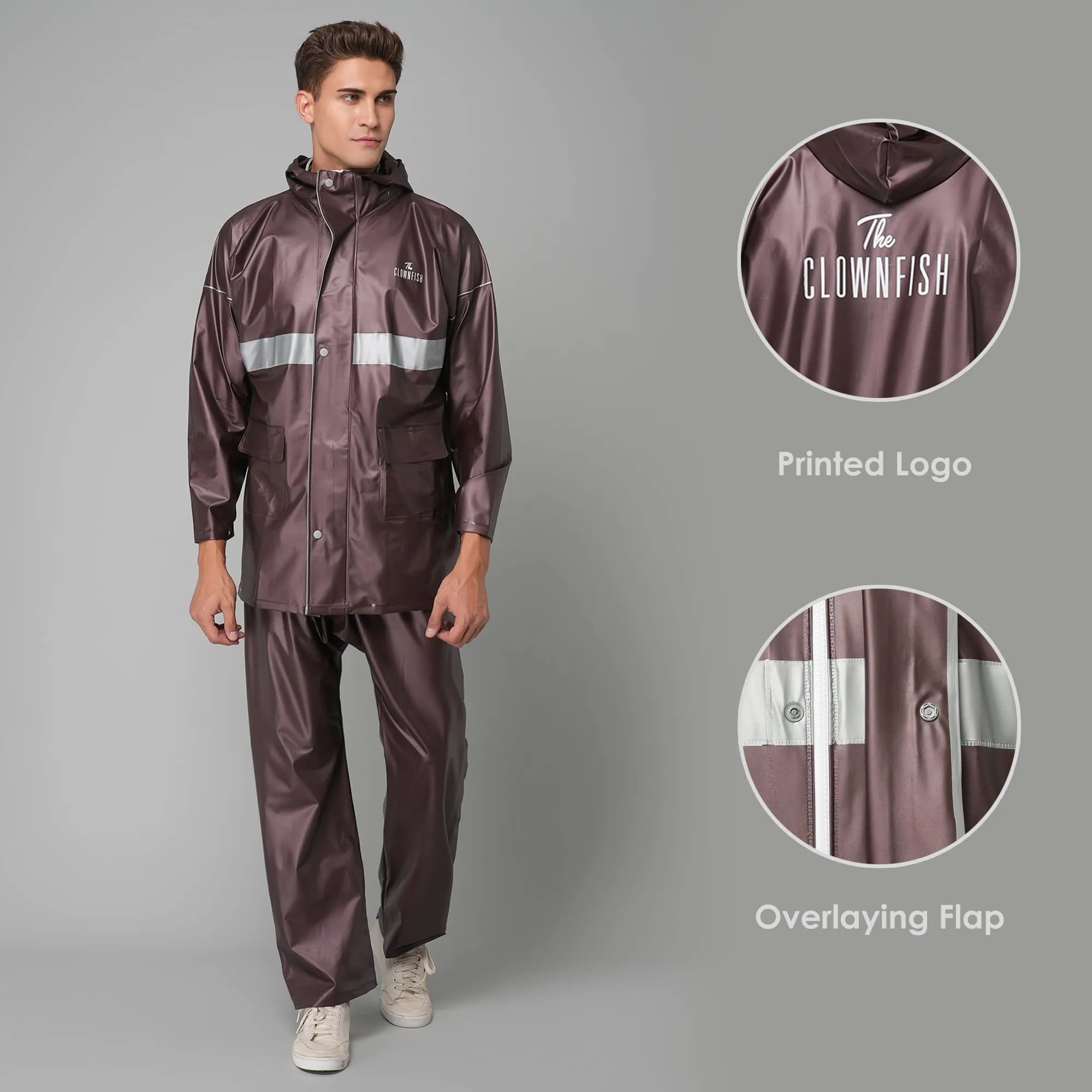 THE CLOWNFISH Rain Coat for Men Waterproof for Bike Raincoat for Men with Hood PVC Material. Set of Top and Bottom. Azure Pro Series (Umber Brown, XXX-Large)