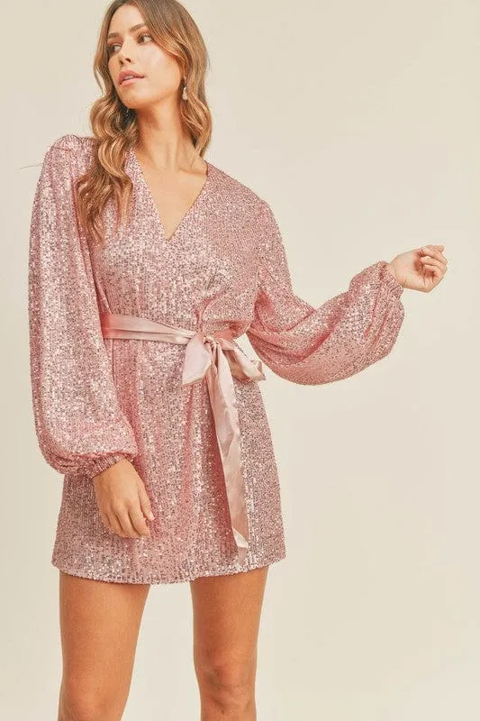 Twinkle Twinkle Balloon Sleeve Sequin Wrap Dress in Pink