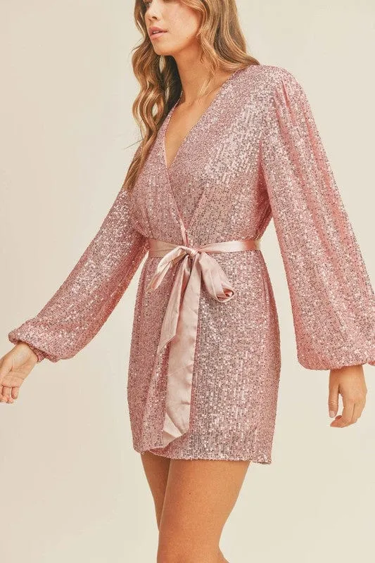 Twinkle Twinkle Balloon Sleeve Sequin Wrap Dress in Pink