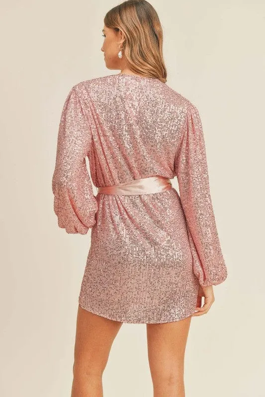 Twinkle Twinkle Balloon Sleeve Sequin Wrap Dress in Pink