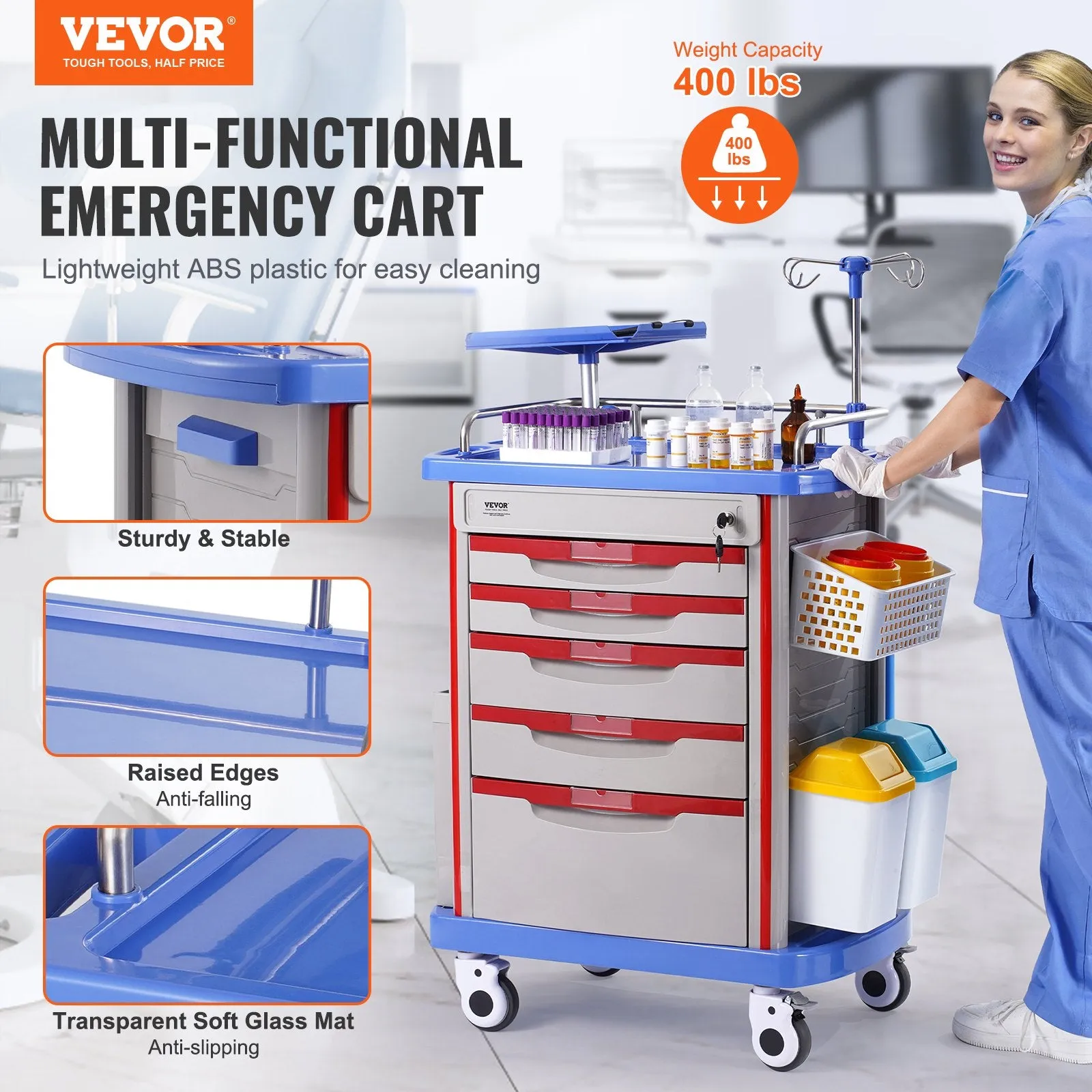 Vevor Lab Cart 5-Tier Mobile Medical Cart 400 Lbs Capacity with 5 Lockable Drawers and Large Top Tray Blue New