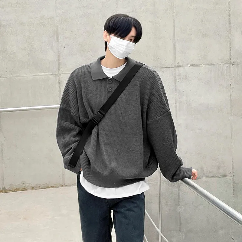 Voguable mens fashion Myq Lapel Long-Sleeved Sweater Men's Autumn Korean Style Loose High-Grade Lazy Style Solid Color Polo Collar Sweater