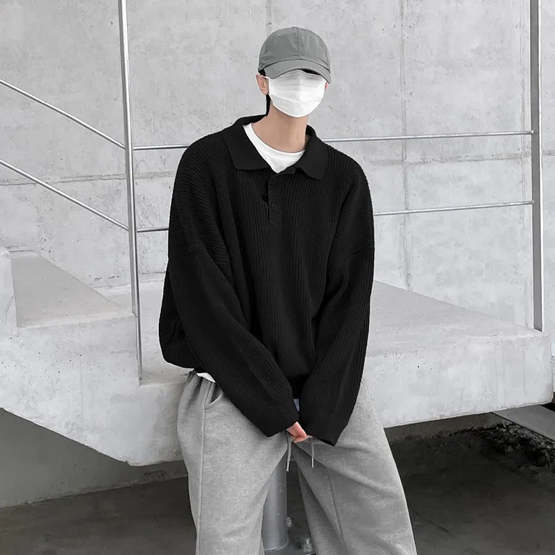 Voguable mens fashion Myq Lapel Long-Sleeved Sweater Men's Autumn Korean Style Loose High-Grade Lazy Style Solid Color Polo Collar Sweater