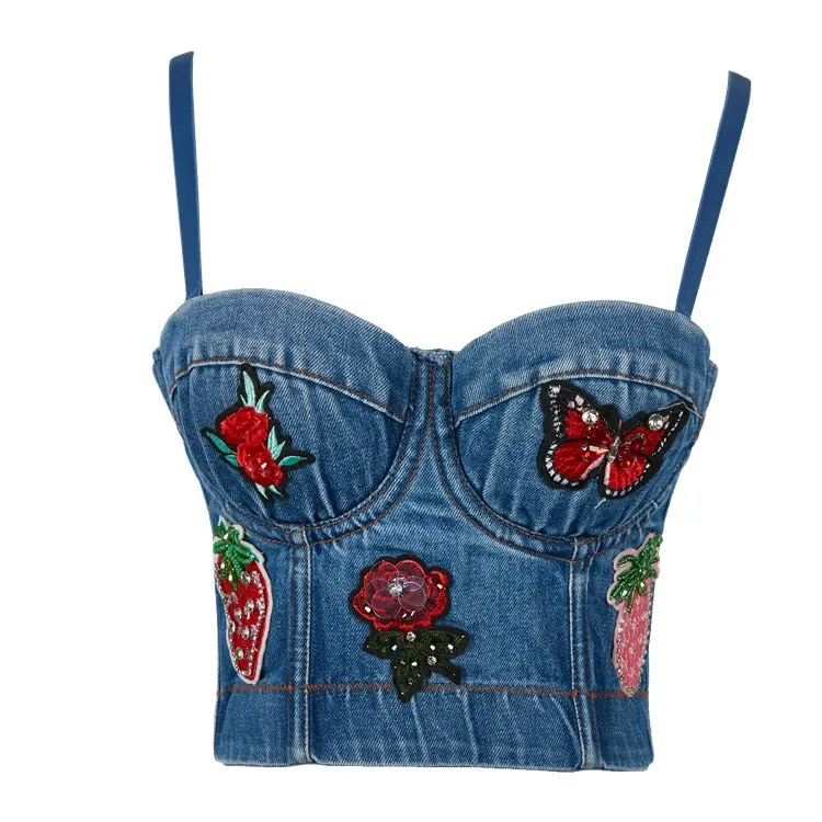 Women Crop Top Tank Sexy Cami Push Up Denim Bra Backless Party Club Vest