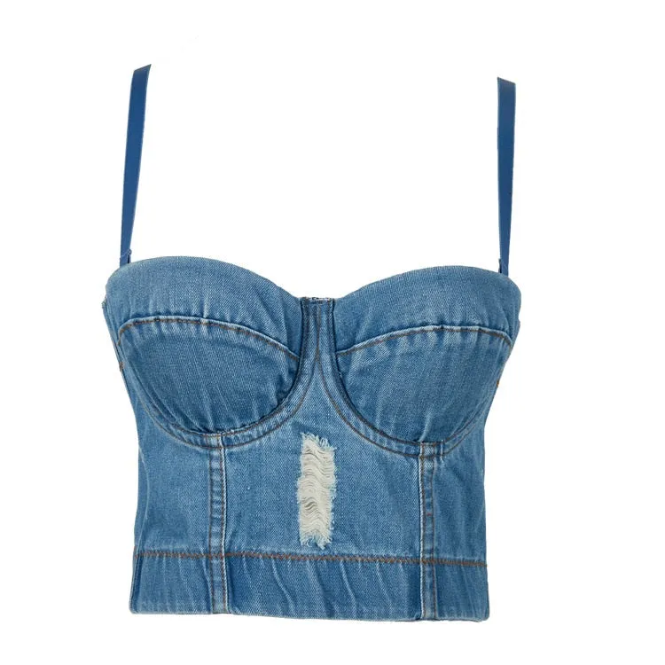 Women Crop Top Tank Sexy Cami Push Up Denim Bra Backless Party Club Vest