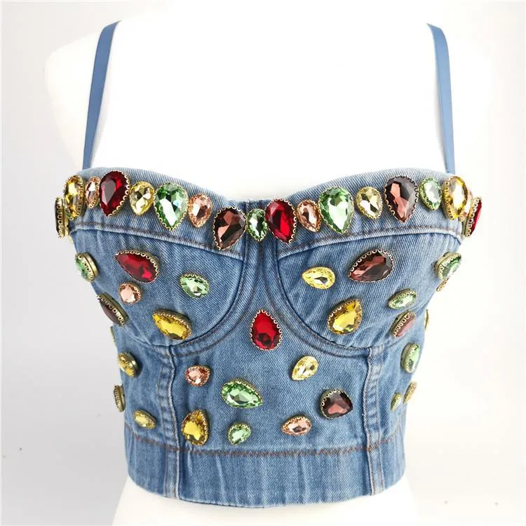 Women Crop Top Tank Sexy Cami Push Up Denim Bra Backless Party Club Vest