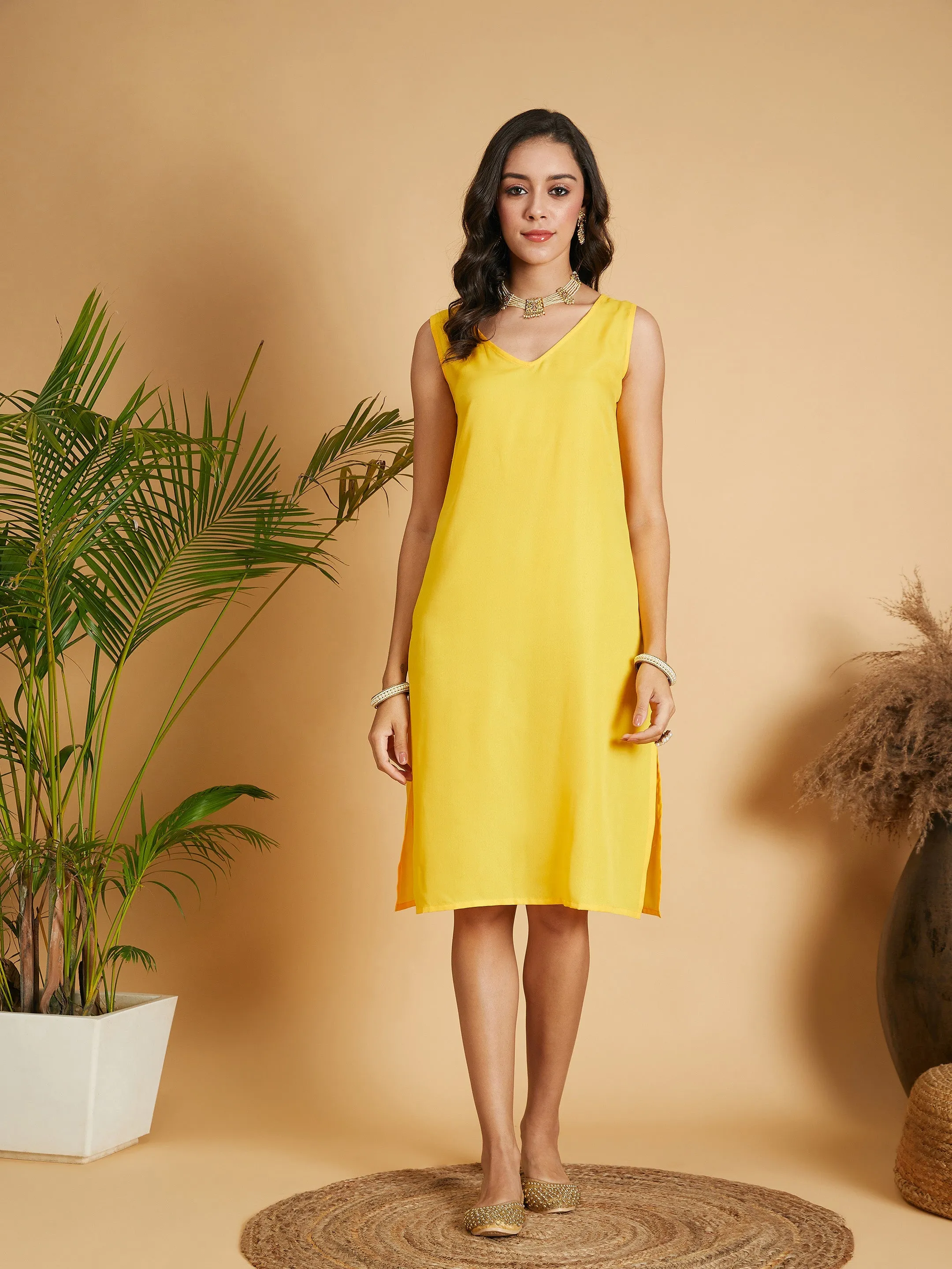 Women Mustard Angrakha Anarkali Dress With Slip