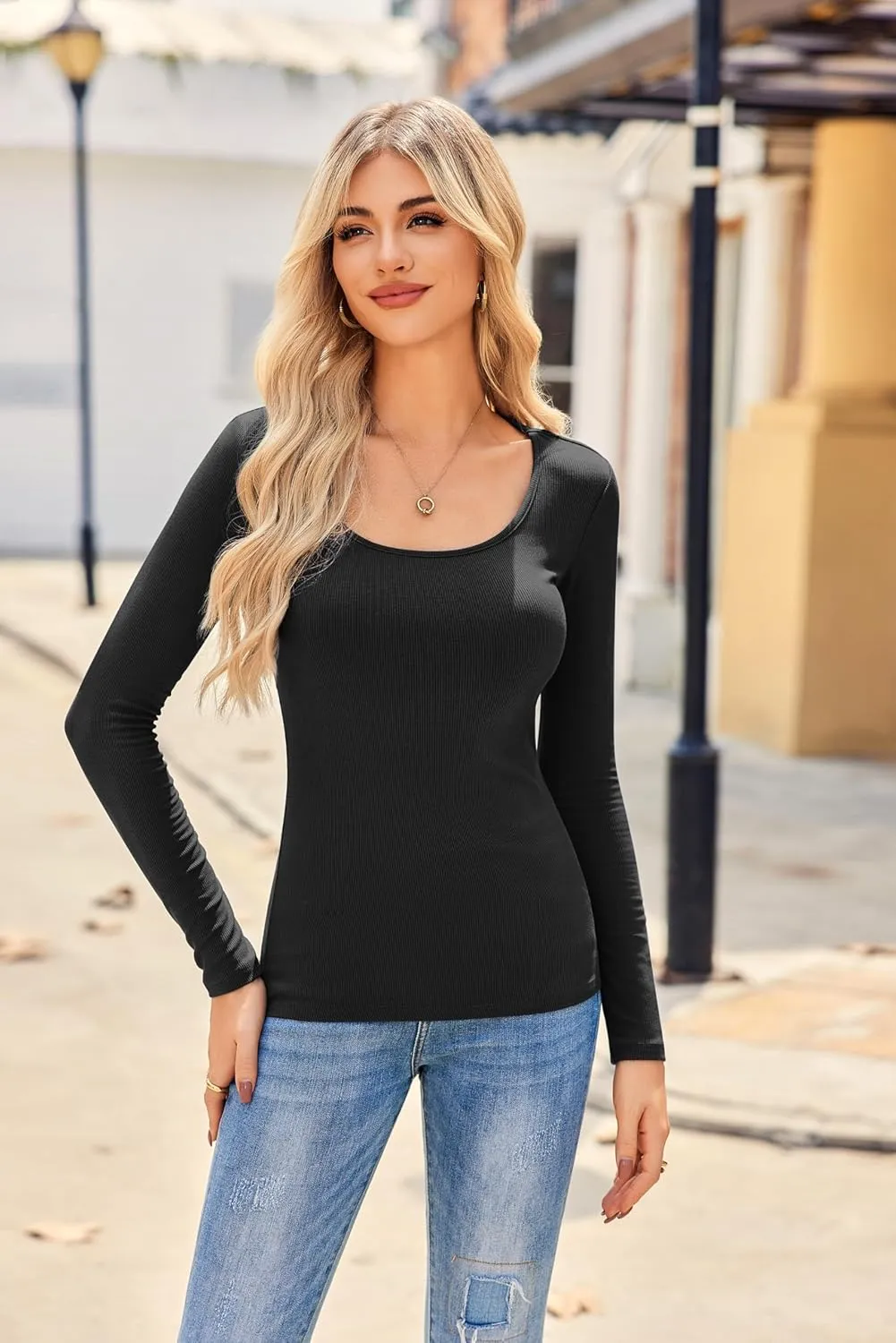 Zeagoo Women's Ribbed Long Sleeve T-Shirts Casual Crew Neck Slim Fit Shirt Soft Stretch Base Layer Lightweight Tops XS-XXL