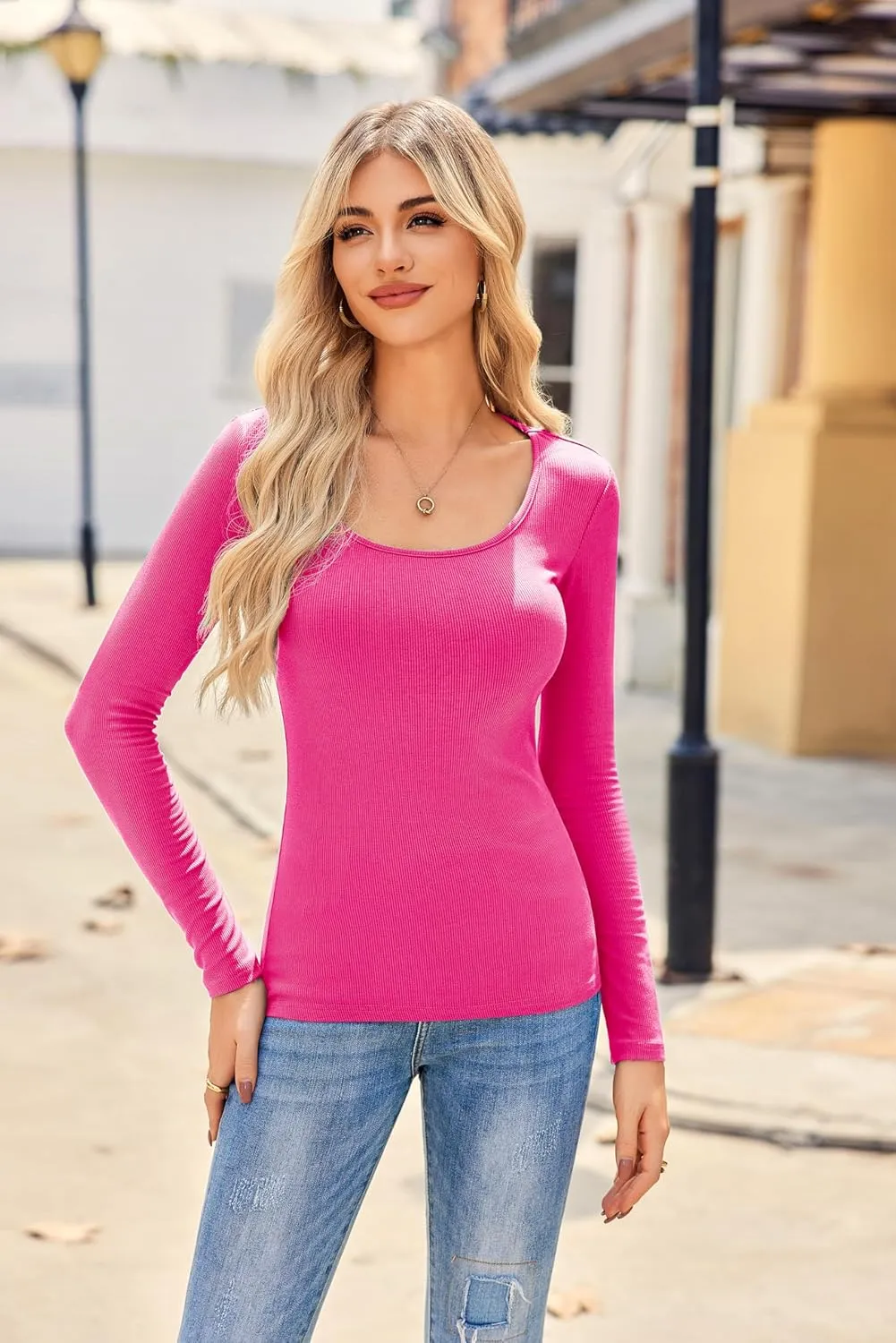 Zeagoo Women's Ribbed Long Sleeve T-Shirts Casual Crew Neck Slim Fit Shirt Soft Stretch Base Layer Lightweight Tops XS-XXL