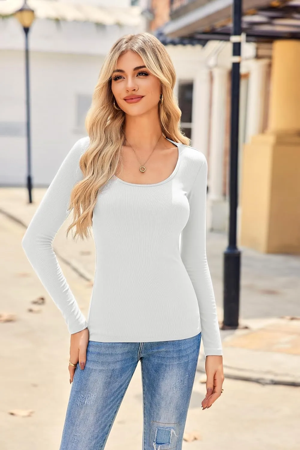 Zeagoo Women's Ribbed Long Sleeve T-Shirts Casual Crew Neck Slim Fit Shirt Soft Stretch Base Layer Lightweight Tops XS-XXL