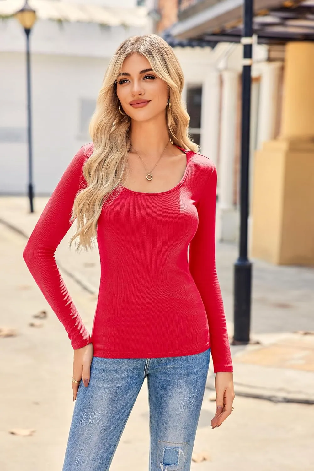 Zeagoo Women's Ribbed Long Sleeve T-Shirts Casual Crew Neck Slim Fit Shirt Soft Stretch Base Layer Lightweight Tops XS-XXL